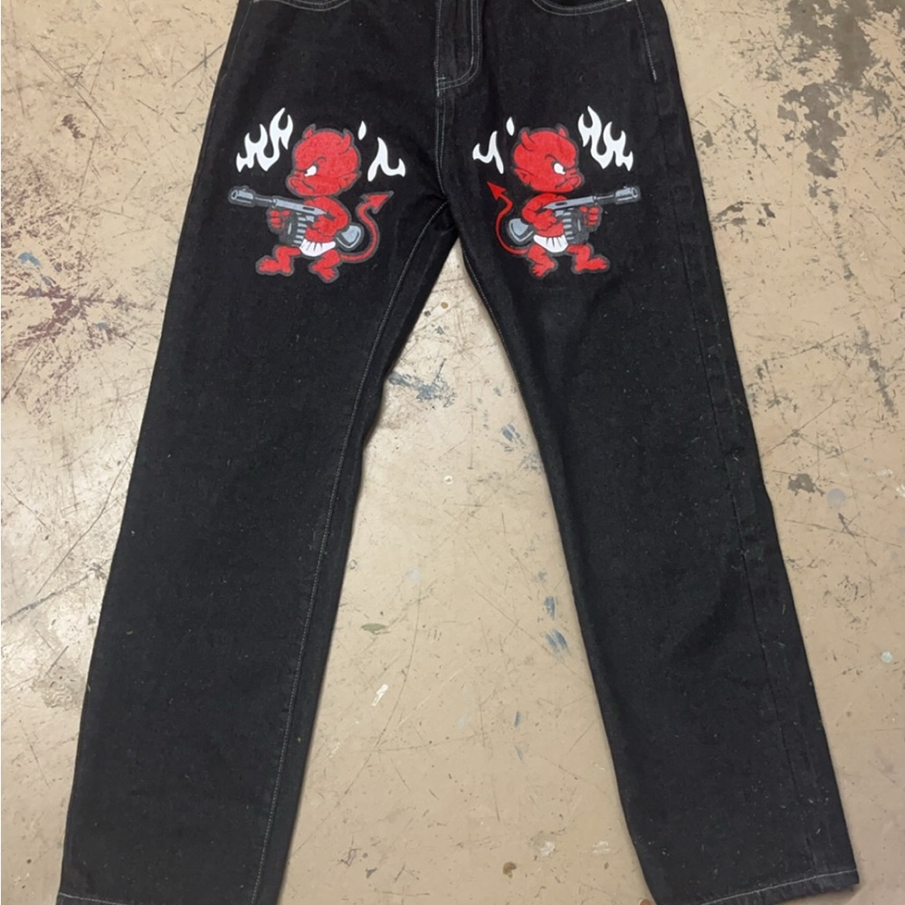 Black Jeans with Red Devil Graphic